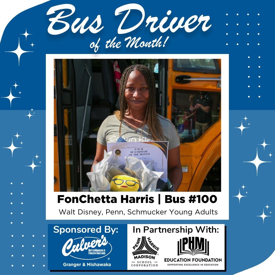 We're happy to introduce P-H-M bus driver FonChetta Harris as the Culver's Bus Driver of the Month for September 2025! 🚍🏅 Thank you to Culver's and the P-H-M Education Foundation #PHMExcellence