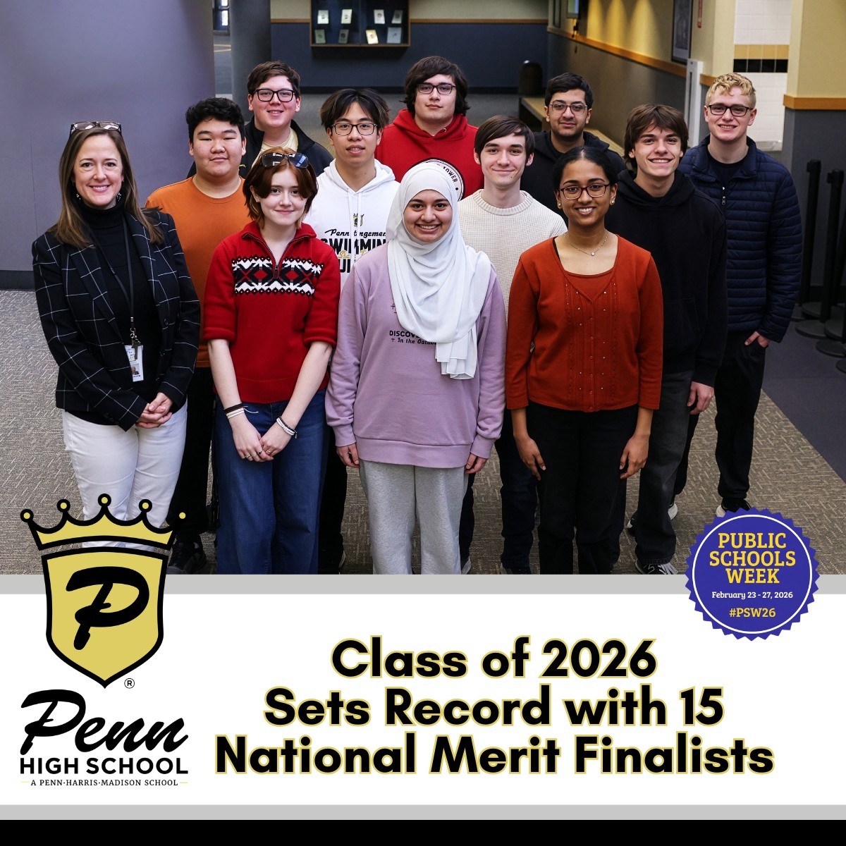 🎓 Excellence at PHM shines on a national stage.
Penn High School’s Class of 2026 set a school record with 15 National Merit Scholarship Finalists, placing these students among the top 1% of high school students nationwide. During Public Schools Week, we’re proud to celebrate this achievement and showcase that public education works! 💛🖤

#PHMExcellence #OurPublicSchoolsWork #PublicSchoolsWeek