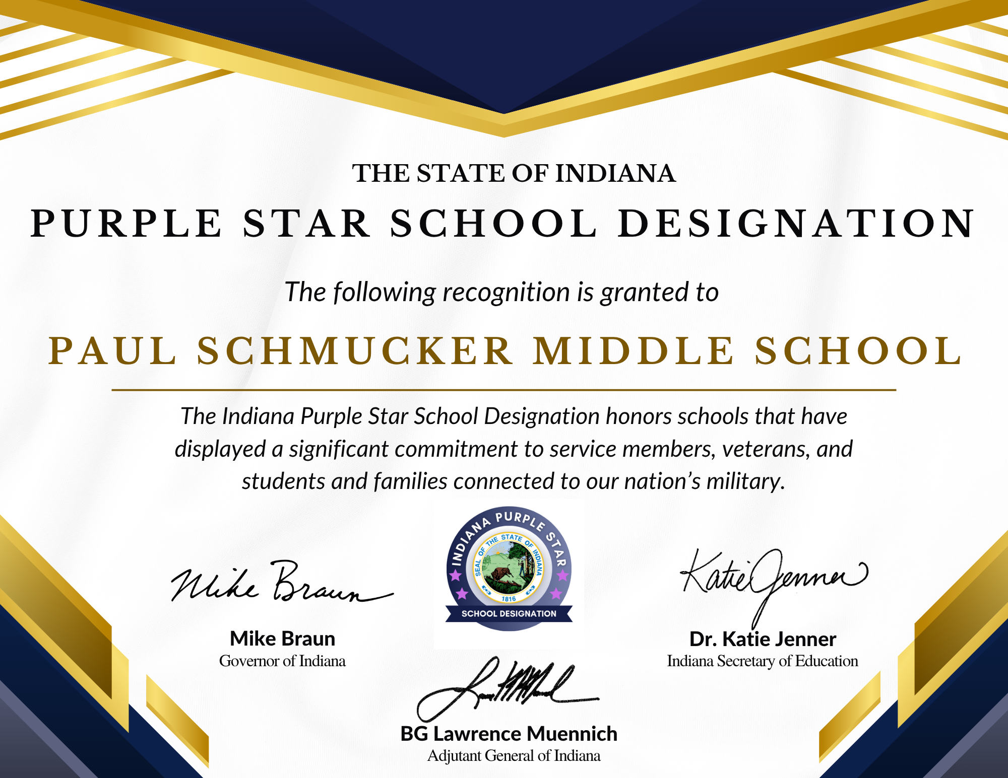 Schmucker Named a Purple Star School
